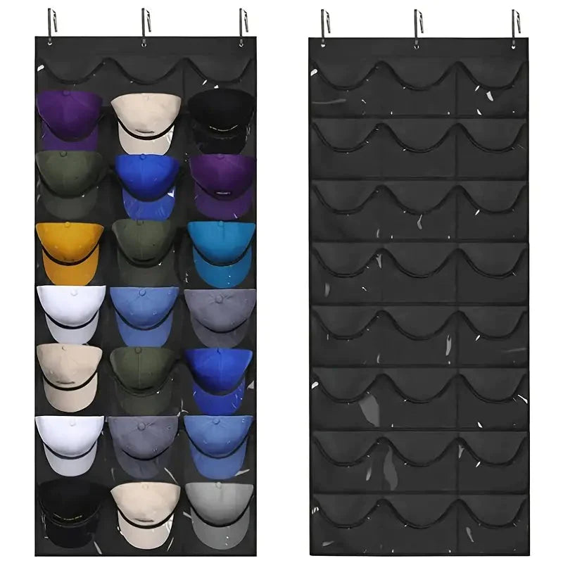 Visible Baseball Hat Rack for Wall Door with 3 Hooks 24 Deep Pockets